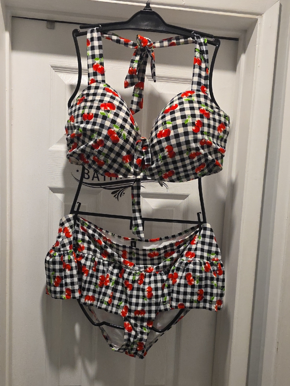 Hot Topic Black & White Gingham 2 Piece Swimsuit with Red Cherry Print